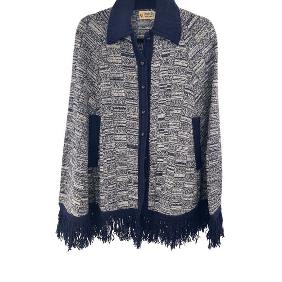 VTG Sweater Bee By Banff Ltd NVY WHT Knit Cape Fringe Hem Button Close RARE EUVC - Picture 11 of 11